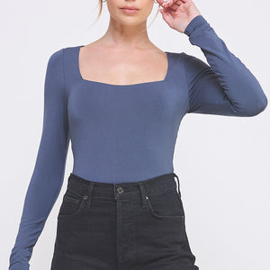Long Sleeve Square Neck Contour Bodysuit, 3 Colors