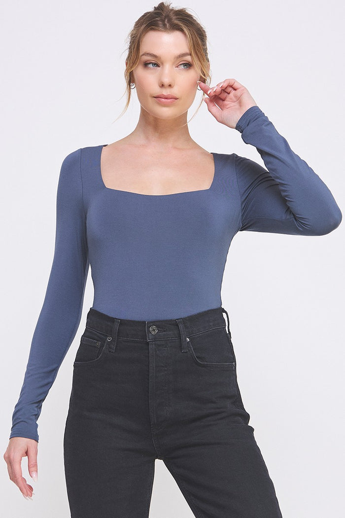 Long Sleeve Square Neck Contour Bodysuit, 3 Colors