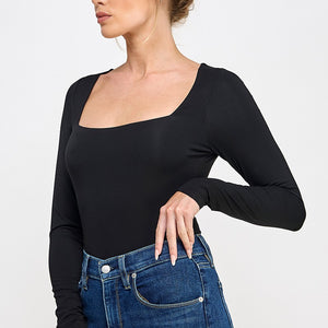 Long Sleeve Square Neck Contour Bodysuit, 3 Colors
