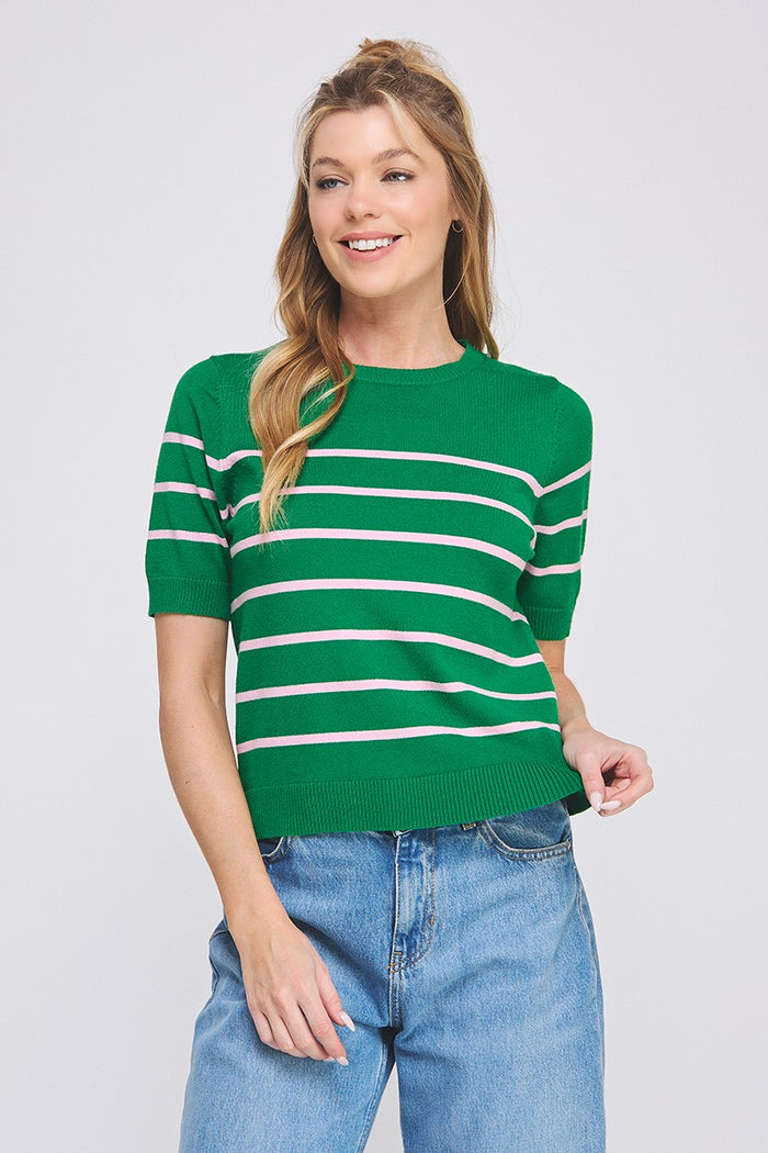 Soft Fine Gauge Short Sleeve Preppy Striped Top