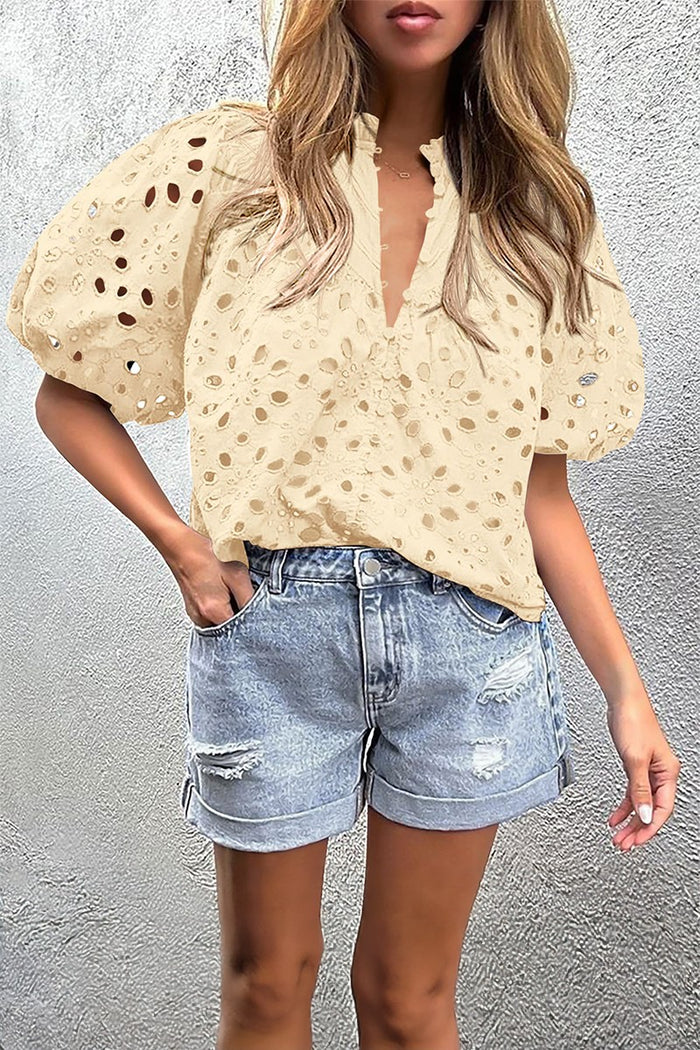 Beige Puff Sleeve Lace Trim Top