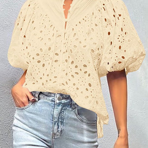 Beige Puff Sleeve Lace Trim Top