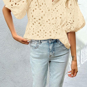 Beige Puff Sleeve Lace Trim Top