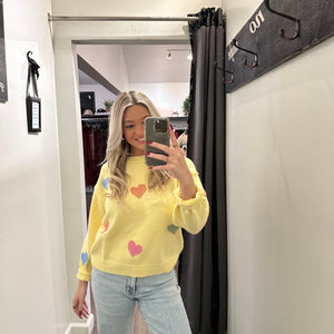 YELLOW MULTICOLOR HEART CREWNECK KNIT PULLOVER SWEATER