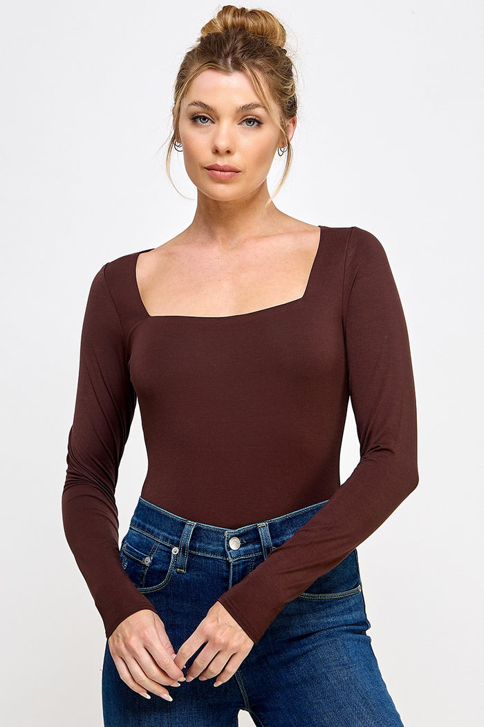 Long Sleeve Square Neck Contour Bodysuit, 3 Colors