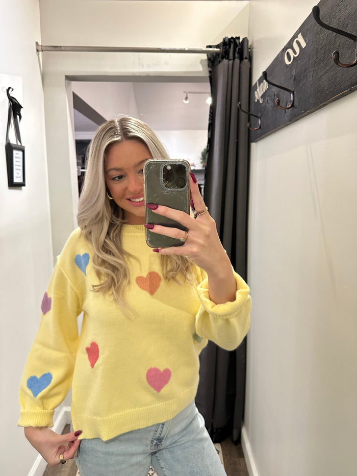 YELLOW MULTICOLOR HEART CREWNECK KNIT PULLOVER SWEATER