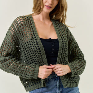 Olive Crochet Fishnet Cropped Open Cardigan