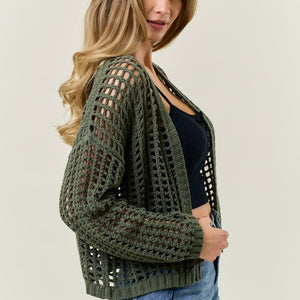 Olive Crochet Fishnet Cropped Open Cardigan
