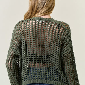 Olive Crochet Fishnet Cropped Open Cardigan