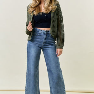 Olive Crochet Fishnet Cropped Open Cardigan