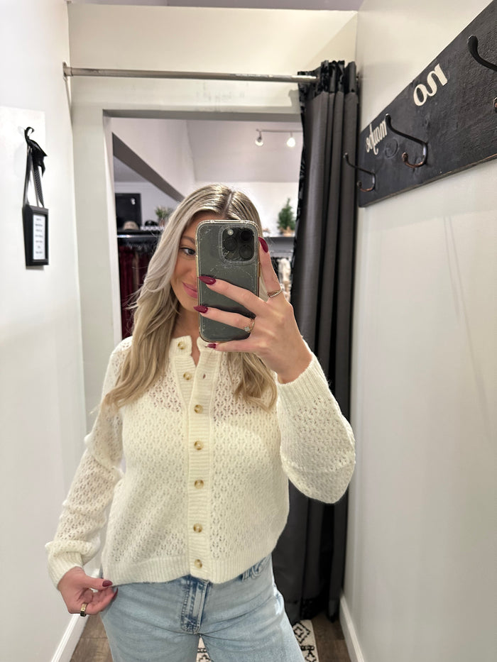 IVORY EYELET KNIT PATTERN BUTTON DOWN CARDIGAN
