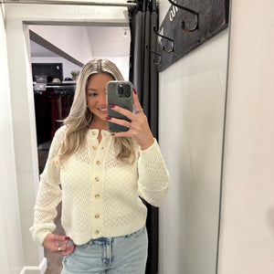 IVORY EYELET KNIT PATTERN BUTTON DOWN CARDIGAN