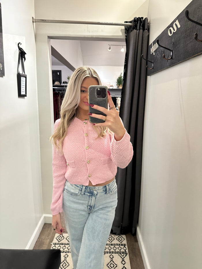 PINK MARLED GOLD BUTTON ROUND NECK KNIT CARDIGAN
