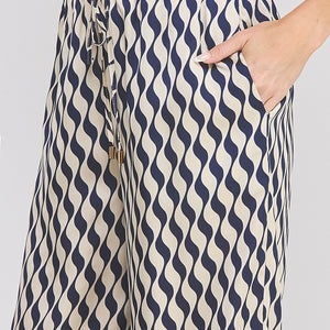 Navy/Ivory Printed Satin Elastic Tie Waist Wide Leg Pant