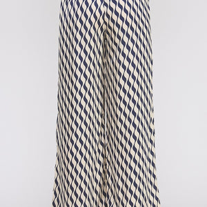 Navy/Ivory Printed Satin Elastic Tie Waist Wide Leg Pant