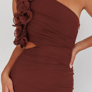 Brown One Shoulder Ruffle Dress