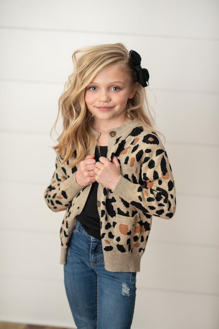 Girls tan &amp; black leopard print button front cardigan