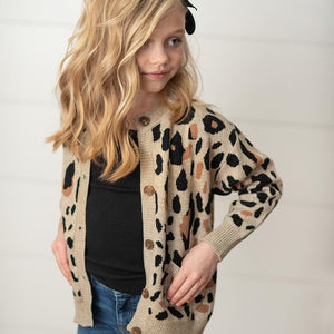 Girls tan &amp; black leopard print button front cardigan