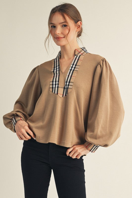 Tan Long puff sleeves mock neck top with plaid contrast