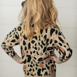 Girls tan &amp; black leopard print button front cardigan