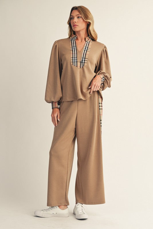 Taupe Side Plaid Accent Wide Leg Sweatpants