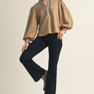 Tan Long puff sleeves mock neck top with plaid contrast
