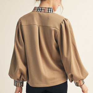 Tan Long puff sleeves mock neck top with plaid contrast