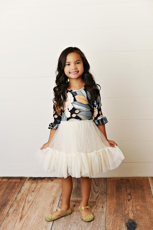 Kids Black & Cream Modern Floral Tulle Dress