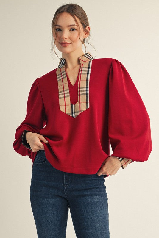 Red Long puff sleeves mock neck top with plaid contrast
