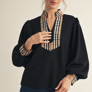 Black Plaid Contrast Mock Neck Solid Top
