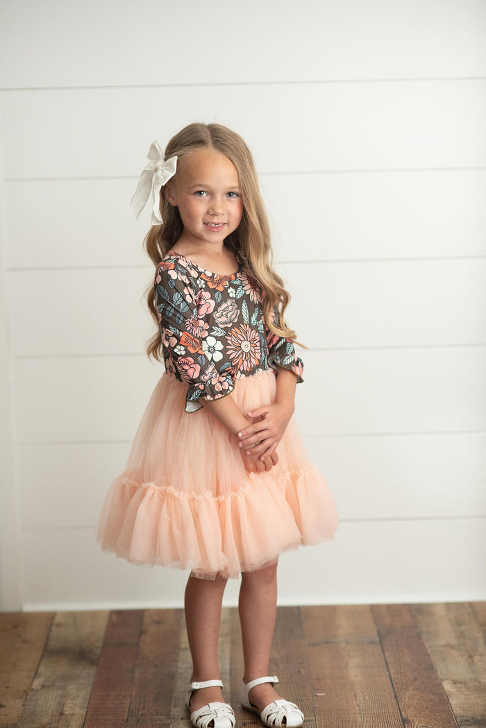 Kids Brown & Peach Vintage Floral Tulle Fall Dress Sofi Stella Women's & Children's Boutique Kids Brown & Peach Vintage Floral Tulle Fall Dress Sofi Stella Women's & Children's Boutique