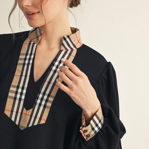 Black Plaid Contrast Mock Neck Solid Top