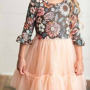 Kids Brown & Peach Vintage Floral Tulle Fall Dress