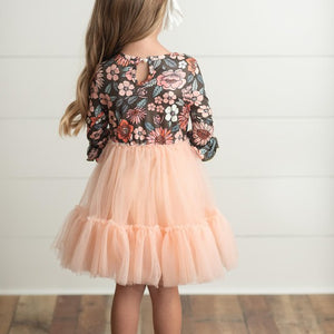 Kids Brown & Peach Vintage Floral Tulle Fall Dress
