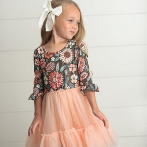 Kids Brown & Peach Vintage Floral Tulle Fall Dress