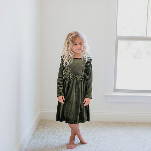 Kids Moss Velvet Ruffle Bow Holiday Dress