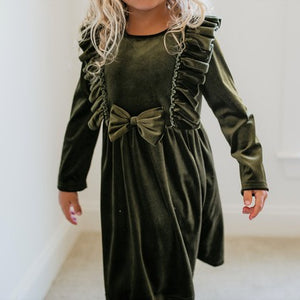 Kids Moss Velvet Ruffle Bow Holiday Dress