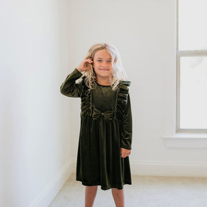 Kids Moss Velvet Ruffle Bow Holiday Dress