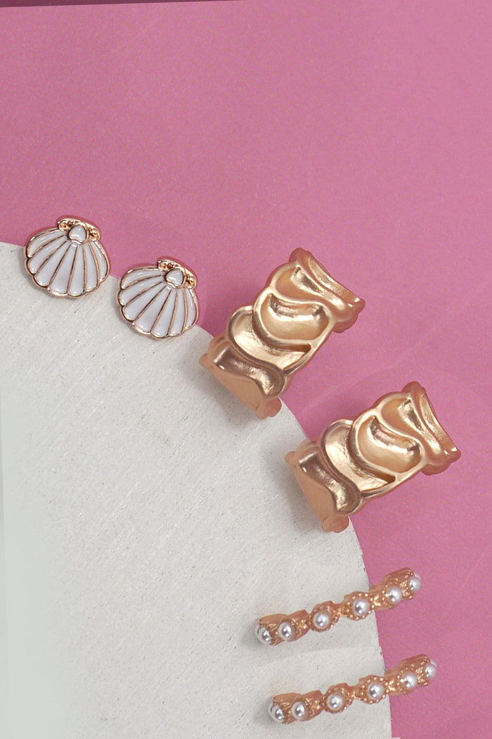 Seashell Pearl Textured Trio Hoop Earrings