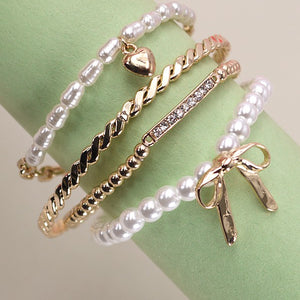 Bow Pearl Rhinestone Bar Stretch Bangle Set