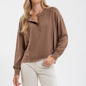 BROWN CONTRAST STITCH LONG SLEEVE HENLEY KNIT TOP