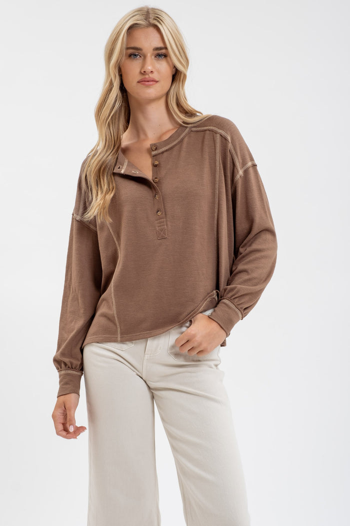 BROWN CONTRAST STITCH LONG SLEEVE HENLEY KNIT TOP