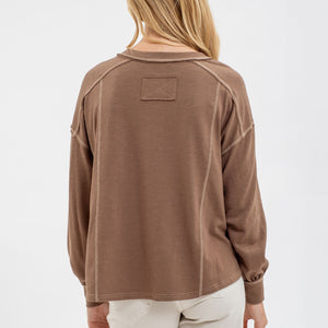 BROWN CONTRAST STITCH LONG SLEEVE HENLEY KNIT TOP