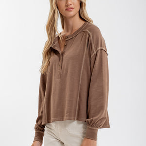 BROWN CONTRAST STITCH LONG SLEEVE HENLEY KNIT TOP