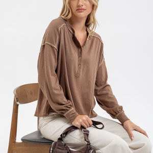 BROWN CONTRAST STITCH LONG SLEEVE HENLEY KNIT TOP