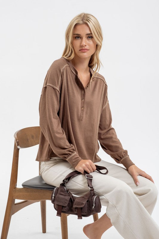 BROWN CONTRAST STITCH LONG SLEEVE HENLEY KNIT TOP