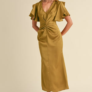 Mustard RUCHED WAIST V NECK SATIN MIDI DRESS