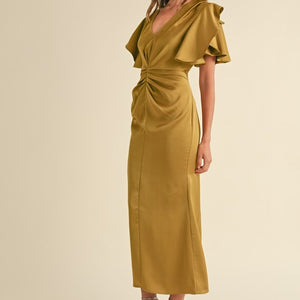 Mustard RUCHED WAIST V NECK SATIN MIDI DRESS