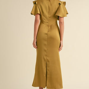 Mustard RUCHED WAIST V NECK SATIN MIDI DRESS