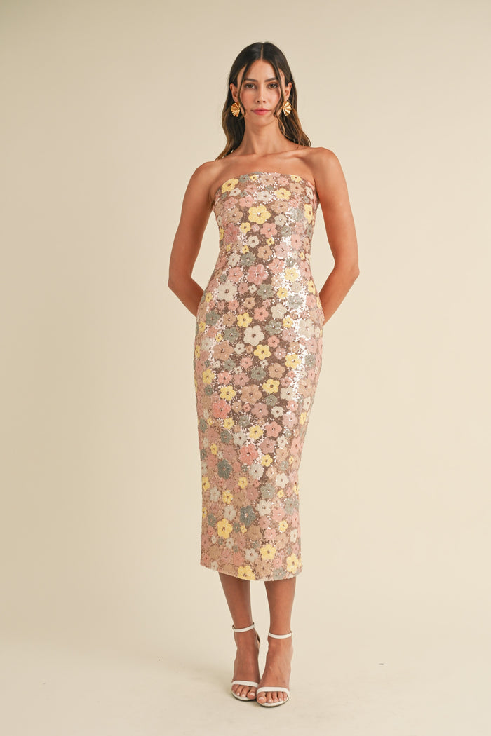 FLORAL SEQUIN STRAPLESS TUBE MIDI DRESS